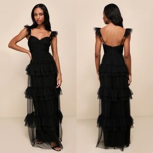 Lulus Pure Radiance Black Mesh Swiss Dot Tiered Maxi Dress